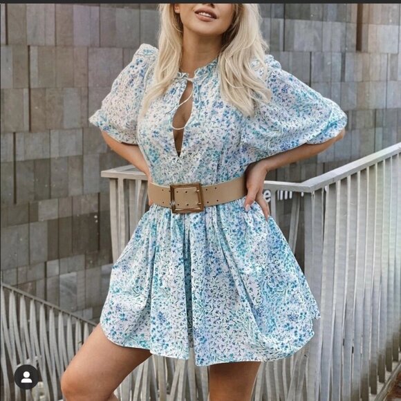 Zara Poplin Voluminous Floral Printed Mini Dress Blogger Favourite Blue Size XL - Picture 2 of 8